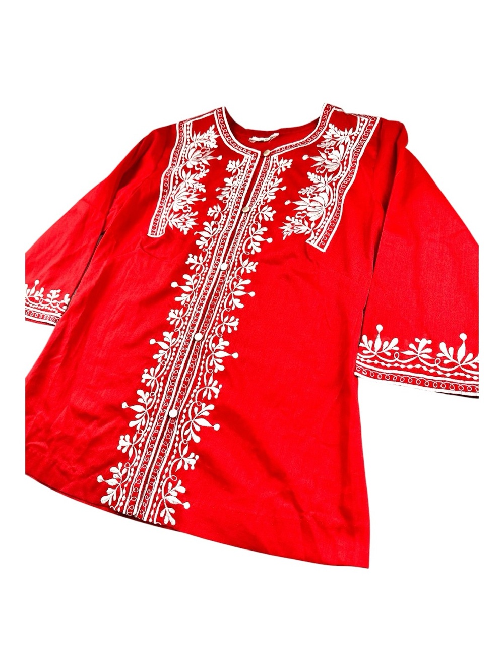 VTG Caro of Honolulu Red Embroidered Boho Tunic Top White Floral Folk S - Picture 3 of 8
